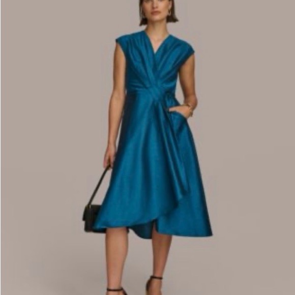 Donna Karan Dresses & Skirts - Donna Karan Teal Satin Wrap Midi Dress